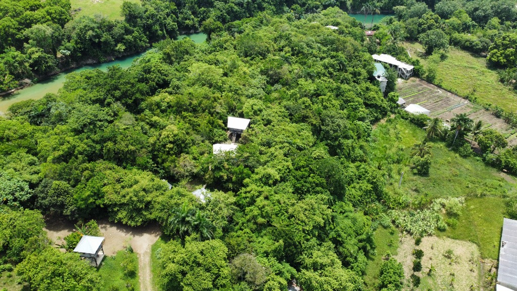 Aerial view of Greene Hart Gardens farm and river in the Dominican Republic